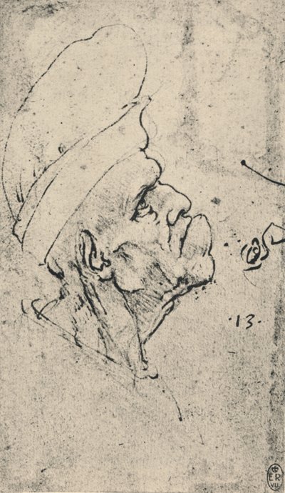Egy jobb oldali kalapot viselő férfi groteszk profilja, c1480 1945 alkotó: Leonardo da Vinci