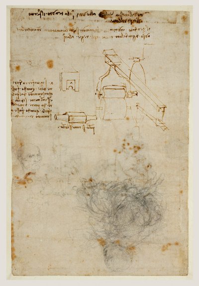 Öregember feje és géptanulmányok, 1503-06 körül (fekete kréta, toll és barna tinta) alkotó: Leonardo da Vinci
