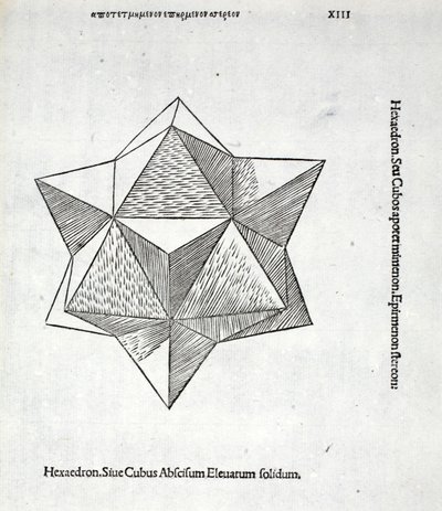 Hexaedron egy levágott, megemelt szilárdtestből, illusztrációja Luca Pacioli (kb. 1445-1517) „Isteni arány” című könyvéből, eredetileg pub. Velence, 1509 alkotó: Leonardo da Vinci