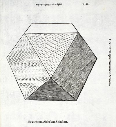 Szilárd Hexaedron, Luca Pacioli (kb. 1445-1517) „Isteni arány” illusztrációja, eredetileg pub. Velence, 1509 alkotó: Leonardo da Vinci