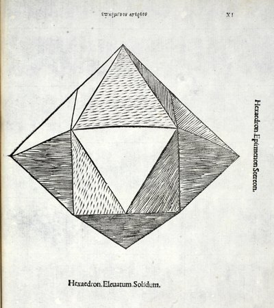 Hexaedron emelt solidus, illusztrációja Luca Pacioli (kb. 1445-1517) „Isteni arány”-ból, eredetileg pub. Velence, 1509 alkotó: Leonardo da Vinci