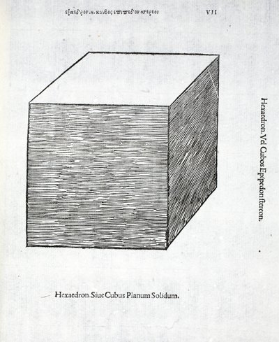 Hexaedron planum solidum, illusztráció Luca Pacioli (1445-1517 körül) "Divina Proportione" című művéből, eredetileg kiadva. Velence, 1509 alkotó: Leonardo da Vinci