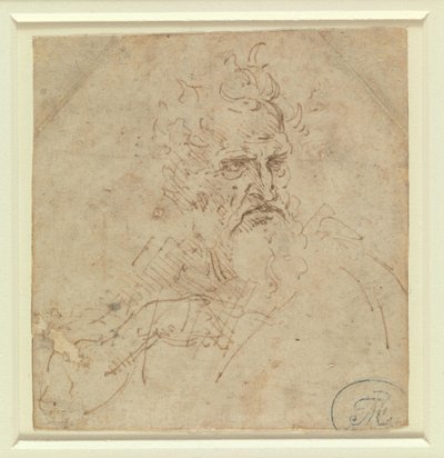 Egy komor tekintetű, ősz hajú férfi feje, jobb karjával alkotó: Leonardo da Vinci