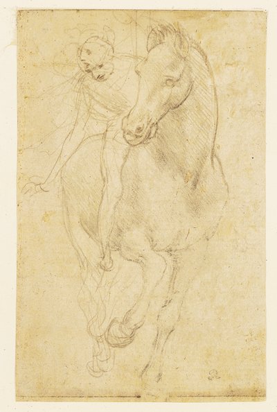 Ló és lovas, 1480 körül (ezüsthegyezés, előkészített papír) alkotó: Leonardo da Vinci