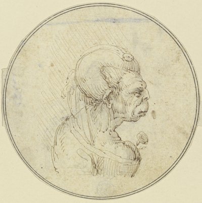 Egy idős nő karikatúrája, mellkép, mellén egy rózsával, jobbra néző profilból alkotó: Leonardo da Vinci