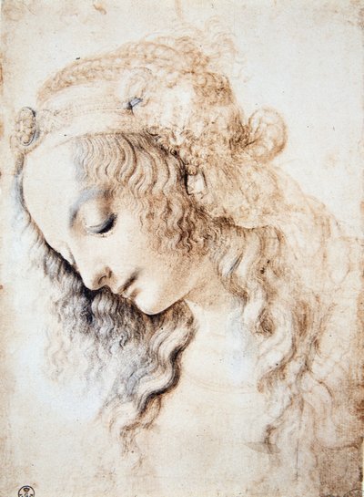 Leonardo da Vinci (Leonardo da Vinci) (1452 - 1519): Egy csukott szemű, lehajtott fejű lány portréja, ékszerekkel dúsított szalaggal díszítve (Immagina) alkotó: Leonardo da Vinci