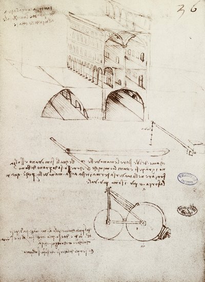 Kézirat B, f 36 r Építészeti tanulmányok, fejlesztések és épületrészletek a magas utcákkal rendelkező városban (toll és tinta papíron) alkotó: Leonardo da Vinci