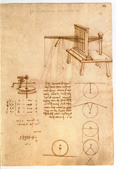 Ms 8937 fol.68r Tanulmány egy textilgéphez, „Codex Madrid I”, c.1493-97 (toll és tinta papíron) alkotó: Leonardo da Vinci