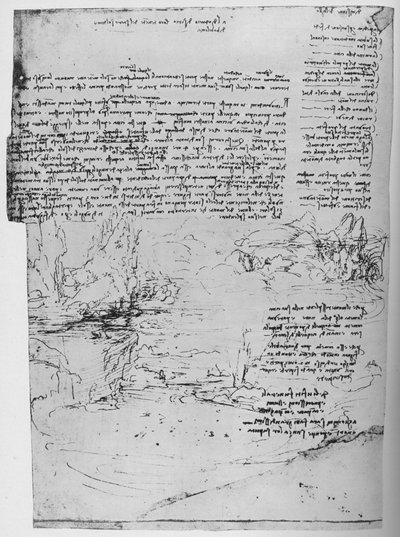 Szövegoldal tájvázlatokkal, c1480 1945 alkotó: Leonardo da Vinci