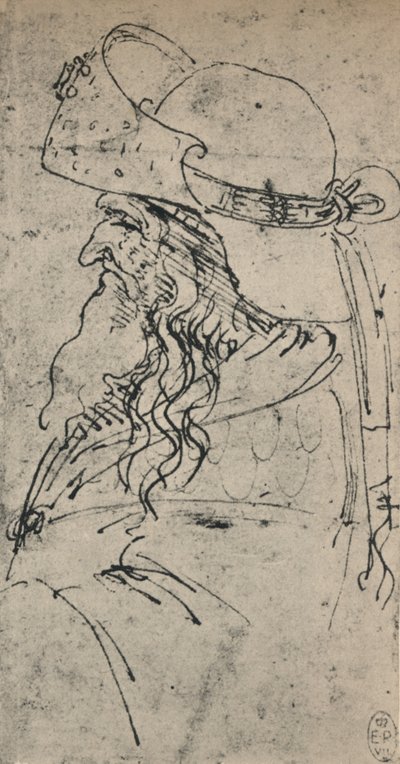 Egy nagy kalapos öreg ember profilja balra, c1480 1945 alkotó: Leonardo da Vinci