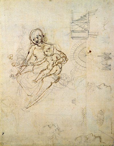 Tanulmányok egy szűznek és gyermeknek, valamint a fejekről a profilban és a gépekben, 1478-80 körül (ceruza és tinta papíron) alkotó: Leonardo da Vinci