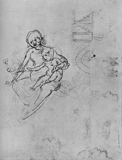 Tanulmány egy madonnáról és gyermekéről, profilokról és gépekről, 1478-1480, 1945. alkotó: Leonardo da Vinci