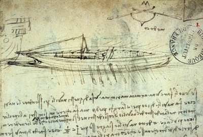 Leonard de Vinci (Leonardo da Vinci) (1452-1519) tanulmánya egy sor evezővel felszerelt csónakról. Rajz tollal és tussal. Kézirat. Az Institut de France könyvtára. Párizs. alkotó: Leonardo da Vinci