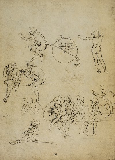 Különböző pozíciókban lévő emberi alakok tanulmányozása; Leonardo da Vinci rajza. Louvre, Párizs alkotó: Leonardo da Vinci
