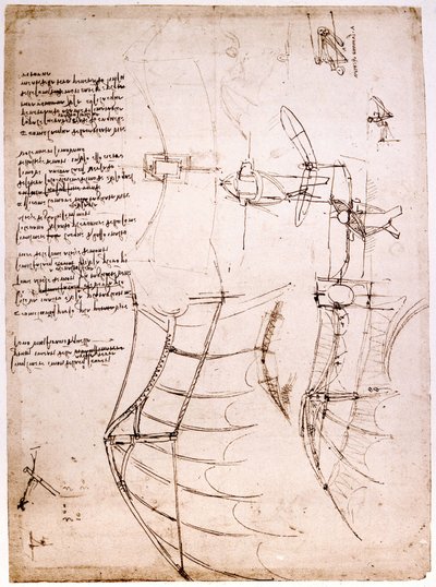 Tanulmány a szárnyakon. Codex Atlantic. Atlantic Codex, Leonard de Vinci (Leonardo da Vinci) rajza 1499 körül. alkotó: Leonardo da Vinci