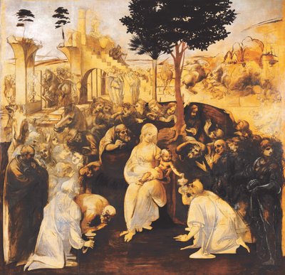 A bölcsek imádása a helyreállítás után, 1481-1482. alkotó: Leonardo da Vinci