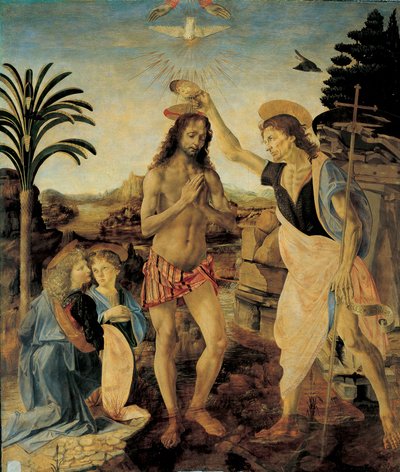 Krisztus megkeresztelkedése 1475-1478 körül Andrea del Verrocchio (1436-1488) és Leonardo da Vinci (Vinczi Leonardo) (1452-1516) Olaj és tempera fán alkotó: Leonardo da Vinci