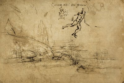 Tájrajz hátoldala katona alakjával: Leonardo da Vinci tollrajza. Rajzok és nyomatok kabinetje, Uffizi Galéria, Firenze alkotó: Leonardo da Vinci