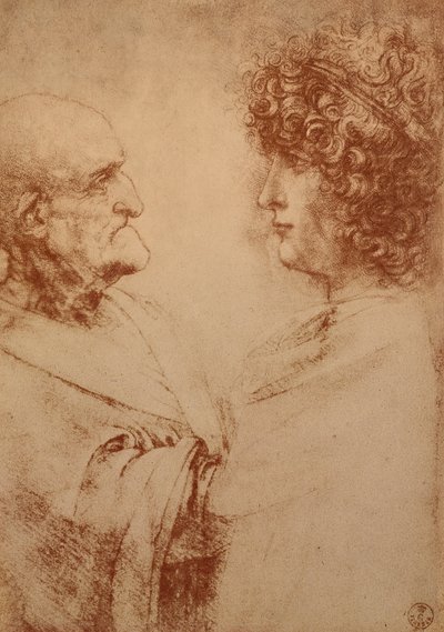 Két fej profilban, 1500 körül (piros kréta papíron) alkotó: Leonardo da Vinci