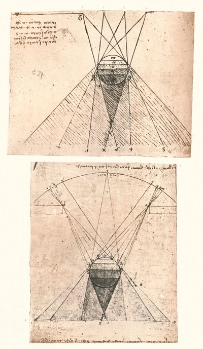 Két diagram, amely a fény és az árnyék elméletét illusztrálja, c1472-c1519 1883 alkotó: Leonardo da Vinci