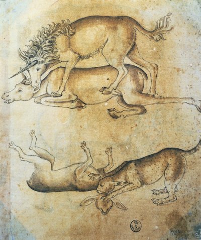 Egyszarvú megtámad egy tehenet és leopárd megtámad egy birkát, tanulmány állatokról, Leonardo da Vinci (1452-1519), rajz alkotó: Leonardo da Vinci
