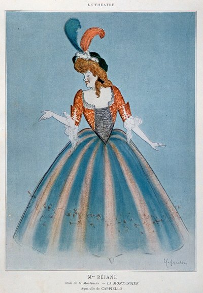 Gabrielle Charlotte Reyu humorista a Montansier szerepében Rejane-t (1856-1920) hívta. Leonetto Cappiello (1875-1942) akvarellje Párizs, díszítőművészet alkotó: Leonetto Cappiello