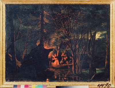 Éjszakai lándzsa horgászat. Leonyid Ivanovics Solomatkin (1837-1883) festménye, olaj, vászon alkotó: Leonid Ivanovich Solomatkin