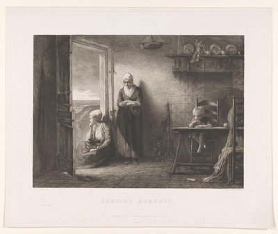 Két nő és egy gyerek egy halászházban a dűnék között A vihar után Szorongó pillanatok (cím a tárgyon) alkotó: Leopold Lowenstam