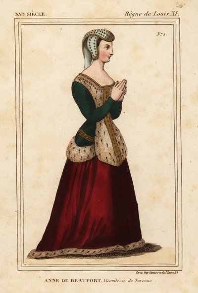 Anne Rogier de Beaufort, de Turenne Viccountess 1435-1479. Kézi színű litográfia a Cordelieres de Nantes-i templom rozsdamentes üvegablaka után Roger de Gaignieres portfóliójában VI 11 a Le Bibliophile Jacob aka Paul Lacroix Costumes Historiqu c. alkotó: Leopold Massard