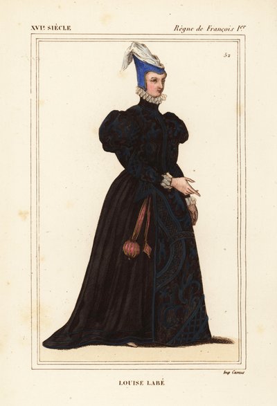 Louise Labe, La Belle Cordiere, francia költőnő 1526-1566. Zenész, lovas, íjász, vívó és nyelvész. Kézzel színezett litográfia egy portré után Roger de Gaignieres VIII. 82-es portfóliójából, a Le Bibliophile Jacob, azaz Paul Lacroix Costumes Historique de alkotó: Leopold Massard