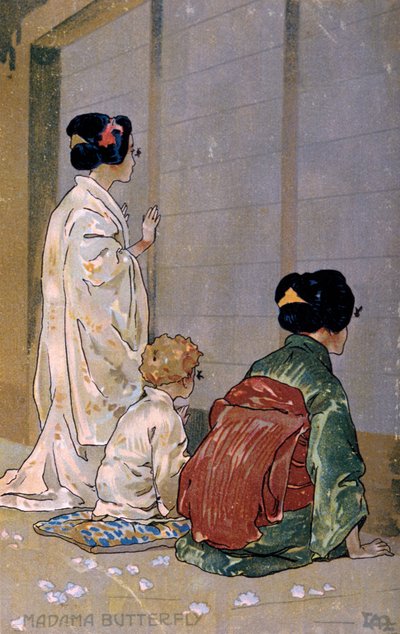 Képeslap, amely a "Madame Butterfly" premierjére készült, Bresciában alkotó: Leopoldo Metlicovitz