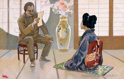 Képeslap, amely a "Madame Butterfly" premierjére készült, Bresciában alkotó: Leopoldo Metlicovitz