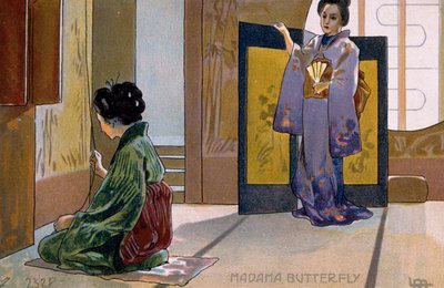 Képeslap, amely a "Madame Butterfly" premierjére készült, Bresciában alkotó: Leopoldo Metlicovitz