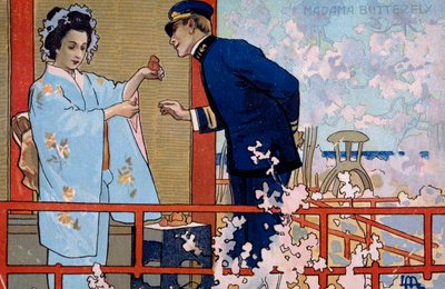 Képeslap, amely a "Madame Butterfly" premierjére készült, Bresciában alkotó: Leopoldo Metlicovitz