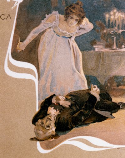 Leopoldo Metlicovitz (1868-1944) által illusztrált képeslap, amely a Tosca jeleneteit ábrázolja, Giacomo Puccini (1858-1924) operája alkotó: Leopoldo Metlicovitz