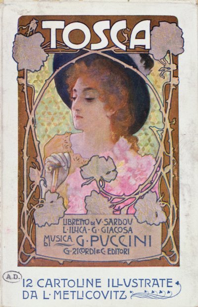 Puccini Tosca című operájának kottalapjának címlapja, 1910 körül (színes litó) alkotó: Leopoldo Metlicovitz