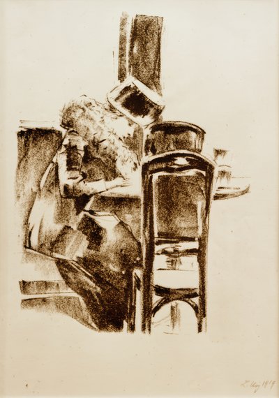 Író hölgy kalappal és boával a kávézóban alkotó: Lesser Ury