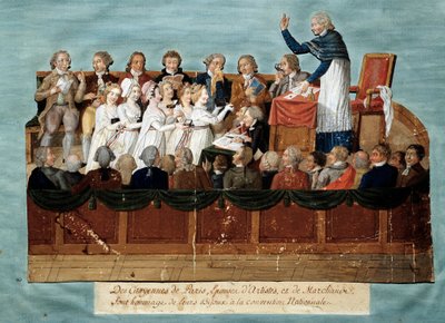 Francia forradalom: „” Párizs polgárai felajánlják ékszereiket a Nemzeti Kongresszusnak”” Illustration des Freres Lesueur (18. század). 1792-1795. Párizs, Carnavalet múzeum – Angol forradalom – Párizs polgárai ékszereiket a Natinak adományozzák alkotó: Lesueur Brothers