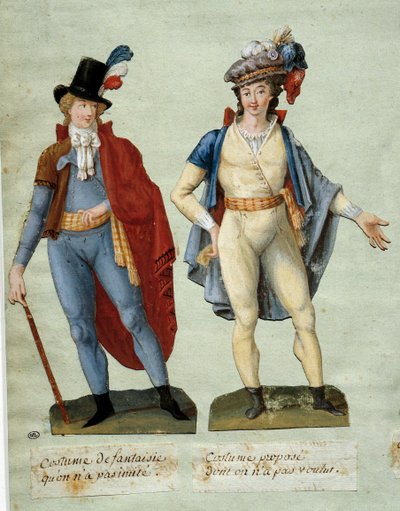 Francia forradalom: fantasy forradalmárok jelmezei, akiket nem utánoztak. Gouache des freres Lesueur (18. század) alkotó: Lesueur Brothers