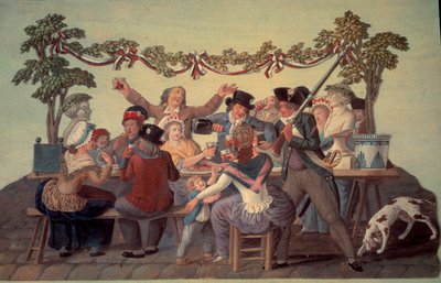 1789-es francia forradalom: „A köztársasági étkezés””. Gouache des freres Lesueur (18. század) alkotó: Lesueur Brothers