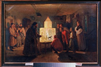 A varázslámpás parasztházban – Lev Grigorjevics Szolovjev (1837-1919) festménye, olaj, vászon alkotó: Lev Grigoryevich Solovyev