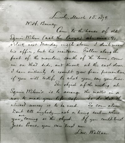 Lew Wallace levele W. H. Bonney-nak (1860-81) 1879. március 15. alkotó: Lew Wallace