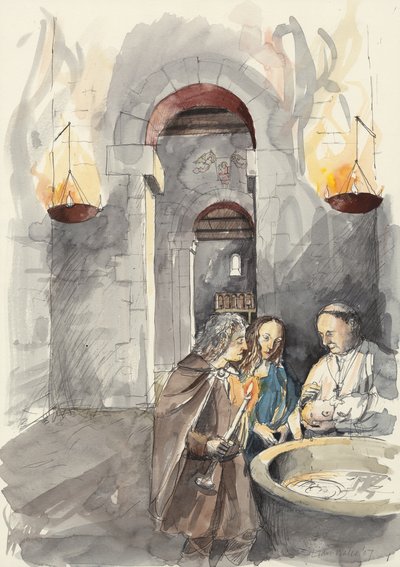 Keresztelő a Szent Péter templomban, Barton-upon-Humber, Lincolnshire (akvarell, papír) alkotó: Liam Wales