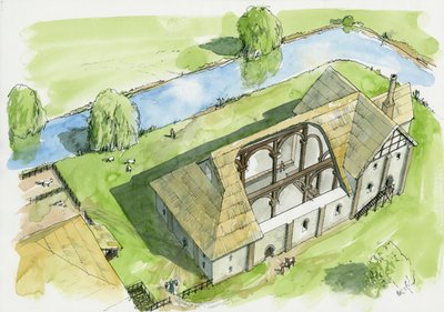 Weeting kastély rekonstrukciója (akvarell, papír) alkotó: Liam Wales