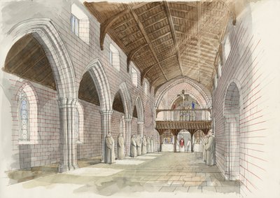 Az apátsági templomhajó rekonstrukciója a Shap apátságban 1530 körül (akvarell, papír) alkotó: Liam Wales