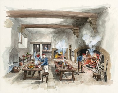 A Hardwick Old Hall konyhájának rekonstrukciója 1601-ben (akvarell, papír) alkotó: Liam Wales