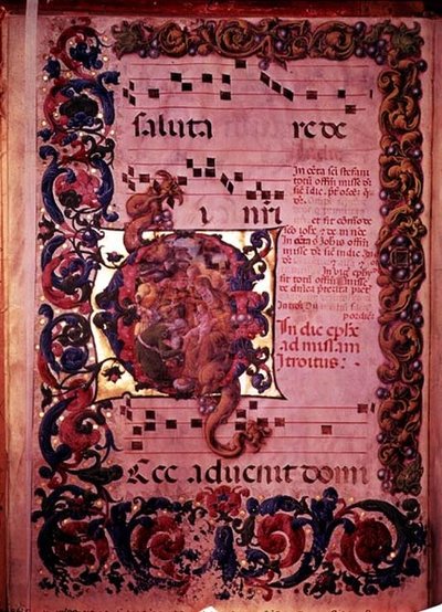 Zenei oldal történetírásos G kezdőbetűvel, amely a Mágusok imádását ábrázolja, antifonálból, 1473-79 körül alkotó: Liberale da Verona