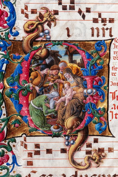 Piccolomini Könyvtár: kóruskönyv, cod. 19,4, ff. 9v „A mágusok imádásával”, Liberale da Verona (kb. 1445 - 1527/9). Részlet. alkotó: Liberale da Verona