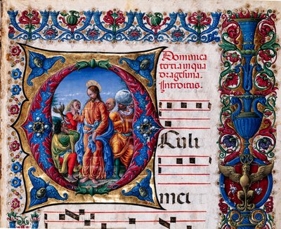 Piccolomini Könyvtár: kóruskönyv, cod. 21,6, ff. 2r „A tisztátalan lélek kiűzésével”, Liberale da Verona (kb. 1445 - 1527/9). Részlet. alkotó: Liberale da Verona
