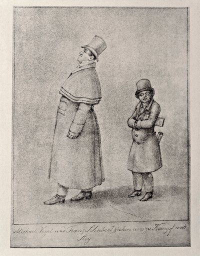 Ausztria, Bécs, Johann Michael Vogl osztrák baritonénekes és Franz Peter Schubert zeneszerző karikatúrája, 1825 körül, ceruzarajz alkotó: Unbekannt Unbekannt